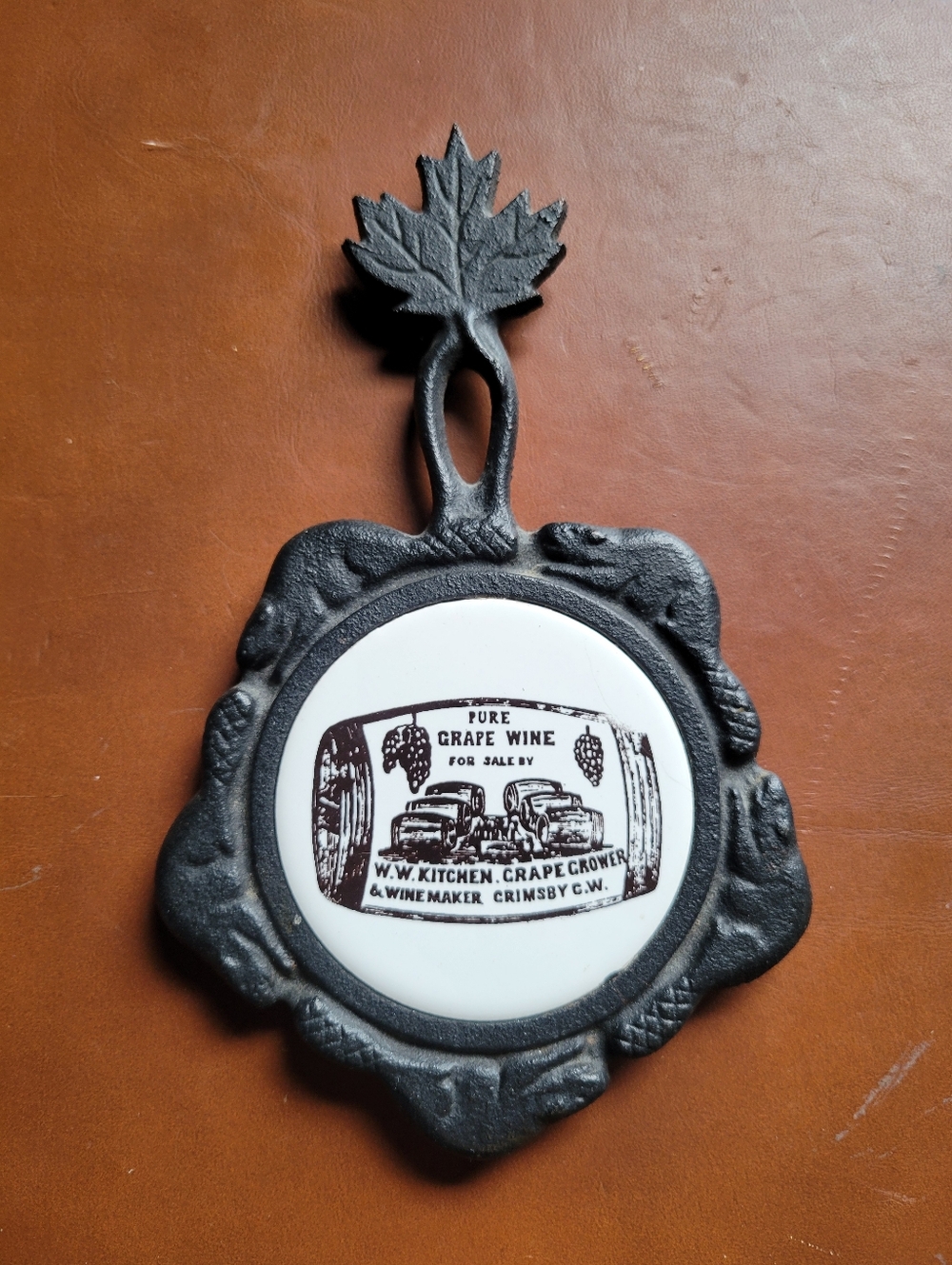 Black Cast Iron Leaf Wall Plaque with Vintage Grape Wine Tile
